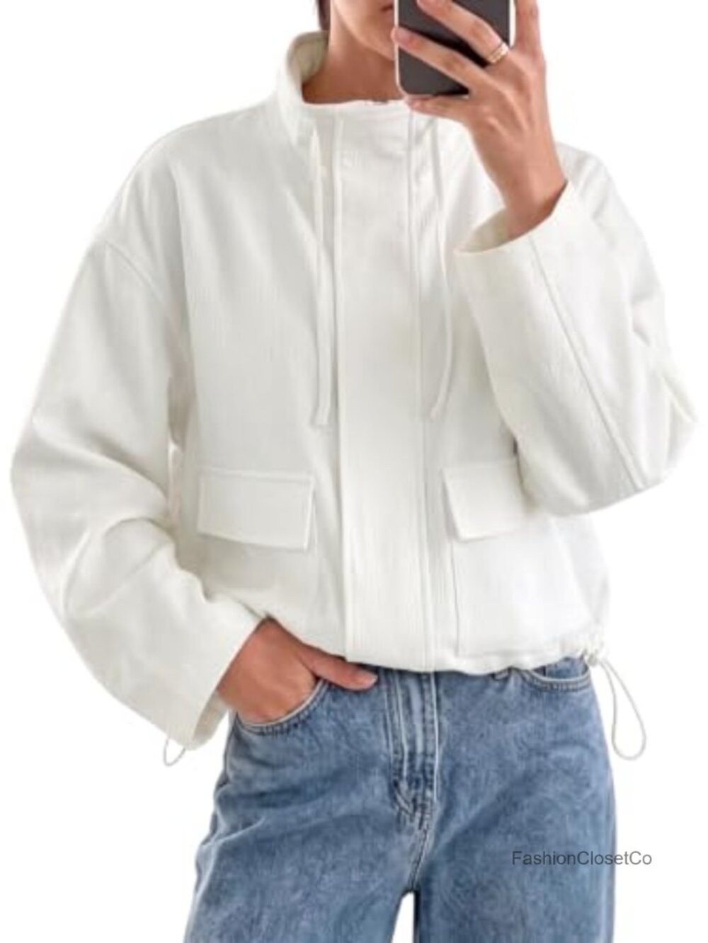Lightweight Cropped Safari Jacket with Pockets Zip Up Long Sleeve Fall Military